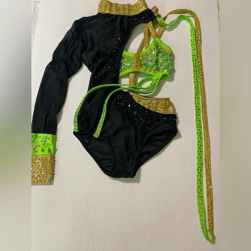 Glamour solo dance costume leotard Money green embellished rhinestone SC child